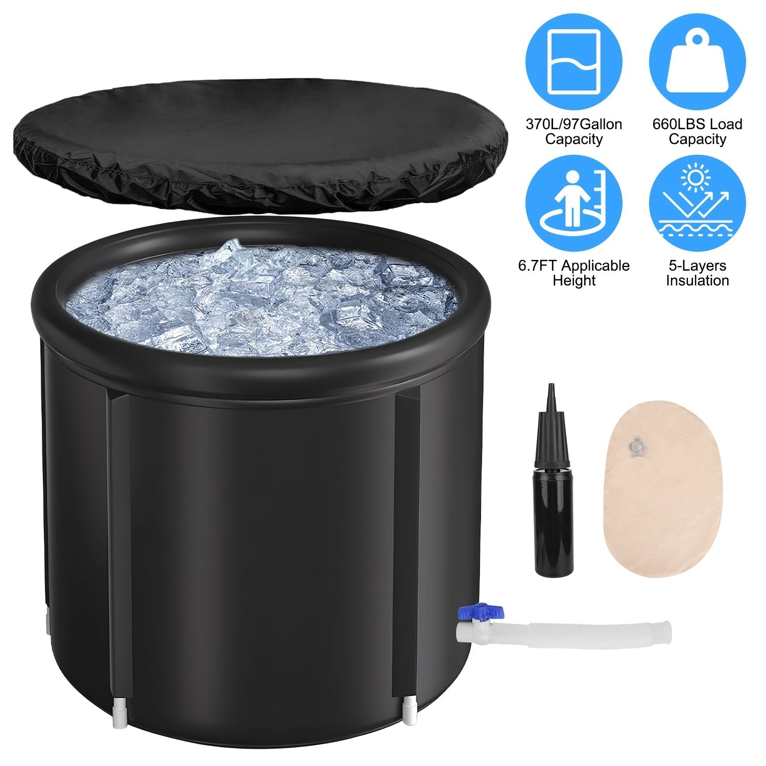 97Gal Large Size Ice BathTub with Cover for Adults Athletes Recovery Cold Water Therapy Outdoor Portable Cold Plunge Tub 660LBS Load Capacity 33.46x29